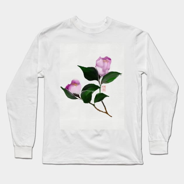 Deep pink watercolor and sumiE camellia flowers Long Sleeve T-Shirt by cuisinecat